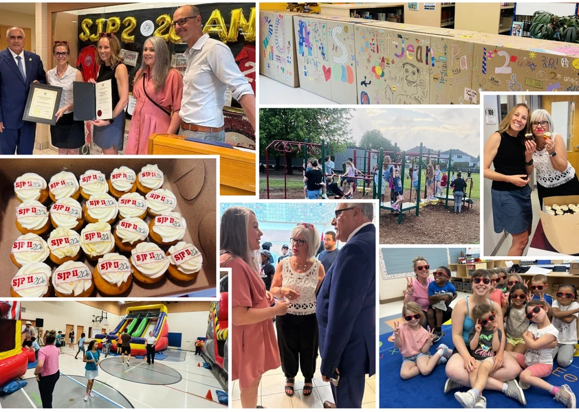Collage de photos prises lors du 20e anniversaire de l’École élémentaire catholique Saint-Jean-Paul II. Les images montrent des élèves, des membres du personnel, des familles et des dignitaires participant à diverses activités festives : remise d’une reconnaissance officielle, exposition soulignant les 20 ans de l’école, jeux extérieurs et structures gonflables, échanges entre invités, dégustation de petits gâteaux commémoratifs et activités avec les élèves. L’ensemble reflète une ambiance chaleureuse, fami