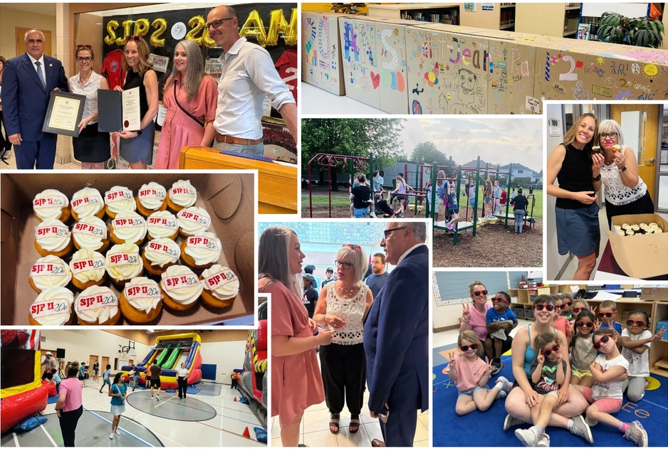 Collage de photos prises lors du 20e anniversaire de l’École élémentaire catholique Saint-Jean-Paul II. Les images montrent des élèves, des membres du personnel, des familles et des dignitaires participant à diverses activités festives : remise d’une reconnaissance officielle, exposition soulignant les 20 ans de l’école, jeux extérieurs et structures gonflables, échanges entre invités, dégustation de petits gâteaux commémoratifs et activités avec les élèves. L’ensemble reflète une ambiance chaleureuse, fami